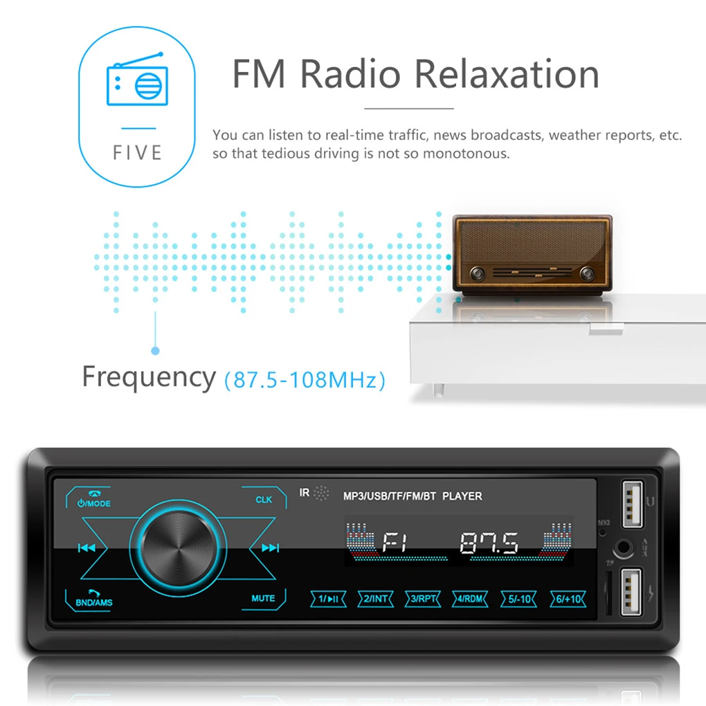 Car MP3 Player In-dash Wireless Stereo Radio Bluetooth-compatible Receiver with USB Charging Ports