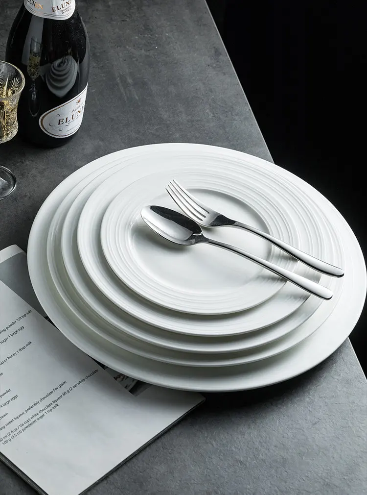 White Ceramic Embossed Line Round Plates, Commercial Steak Dinner Plates, Home Salad & Side Dishes Platter