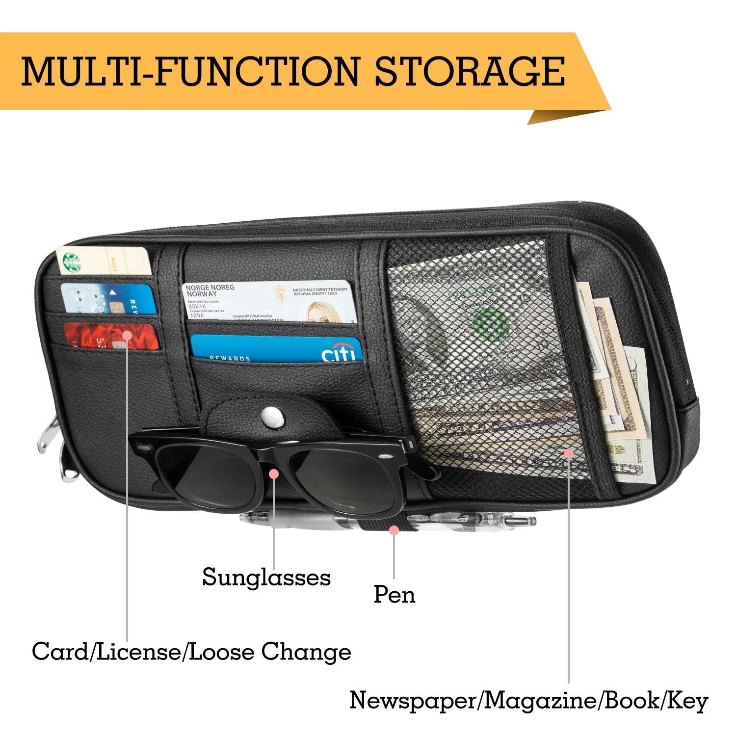 Car Sun Visor Organizer Auto Interior Accessories Pocket Organizer Car Truck SUV Storage Pouch Holder Multi-Pocket Net Zipper