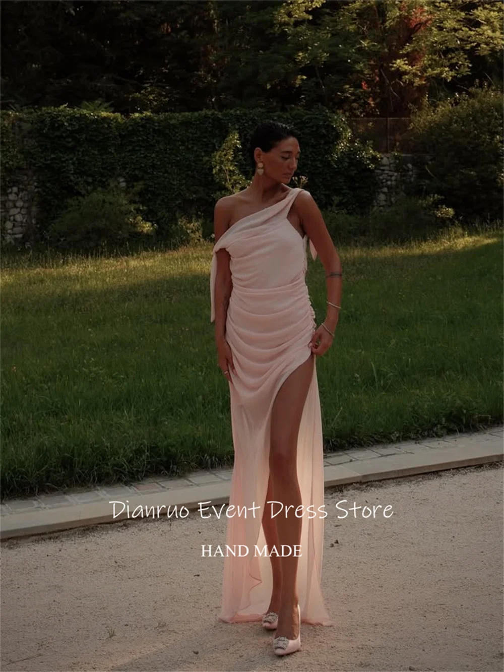 Dianruo สีชมพู Ruched ภาพลวงตาชุดราตรีไม่สมมาตร Hem ชุดผู้หญิงสูงชีฟองเซ็กซี่ Gowns 2025 ที่กําหนดเอง