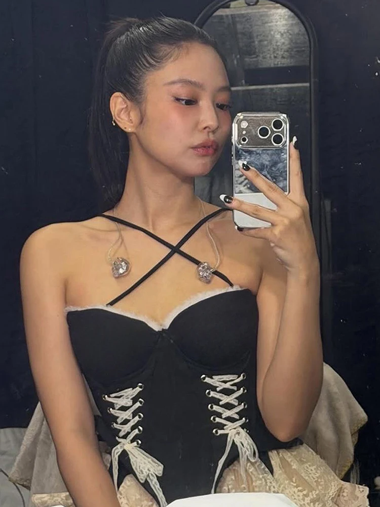 

Weird Puss Hottie Холтер Камзол Женская гофрированная кружевная лоскутная одежда с нерегулярными рюшами по подолу Сексуальная мода Дикая обтягивающая уличная клубная одежда