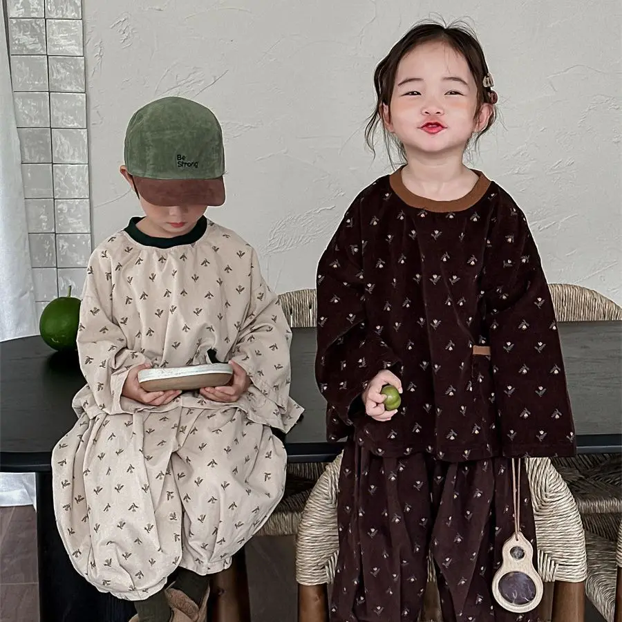 

Children Sets Autumn Season New Corduroy Fragmented Flowers Long Sleeved Wide Leg Pants Two Piece Set Round Collar