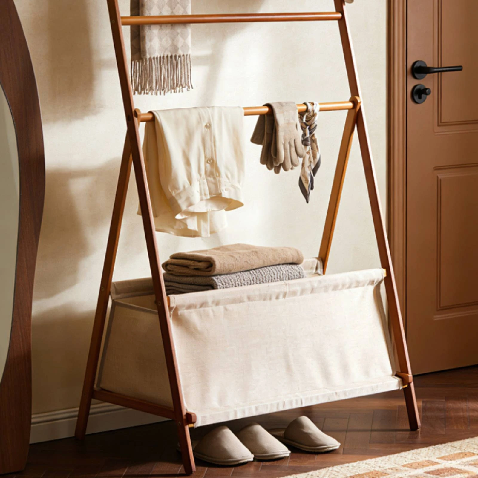 Clothes Rack with Storage Bin Freestanding Slanted Frame Garment Rack Floor Hanger Versatile Furniture Multi-Purpose for Renters