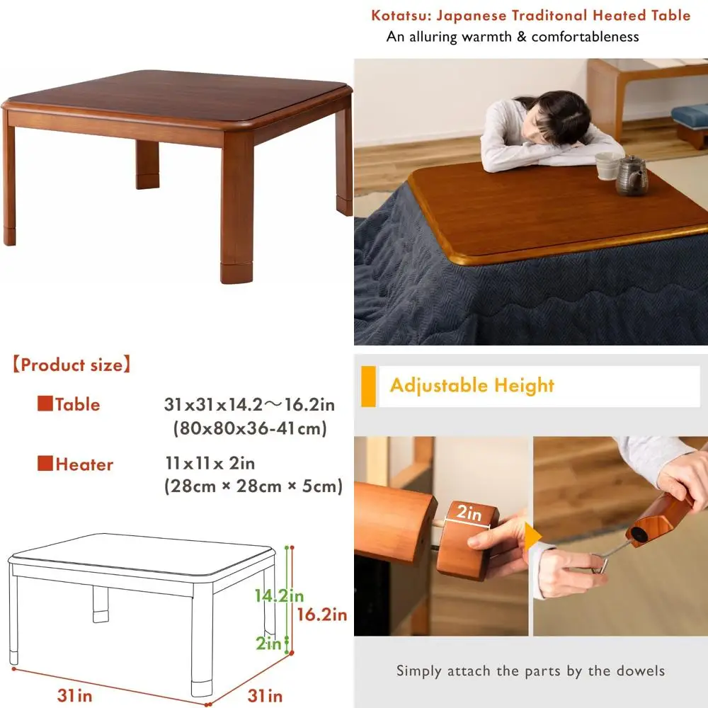

Japanese Heated Wooden Chabudai Table, 31x31 Inches - 120V Electric Heating for Low Dining and Work Desk