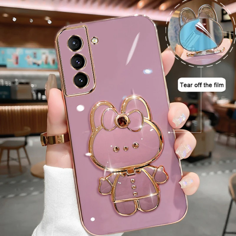 For Samsung Galaxy S21 FE Phone Case Soft Silicone Plating Cartoon Rabbit Fold Stand Makeup Mirror Bracket Cover