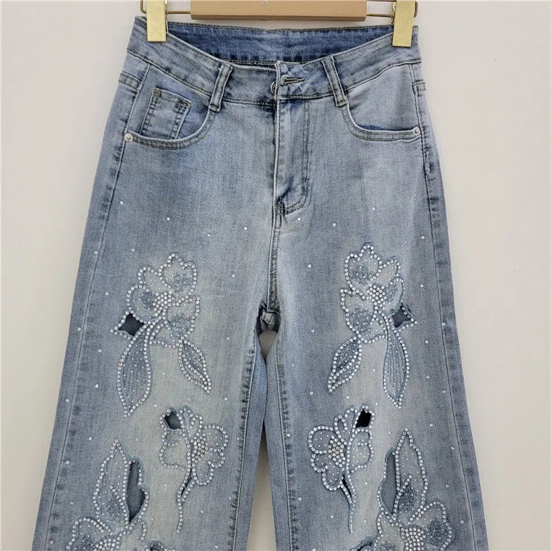 Women Denim Solid Pants Casual Capris Embroidery Empire Waist Wide Leg Jeans Slight Strech Loose Y2k Streetwear 2025 Work