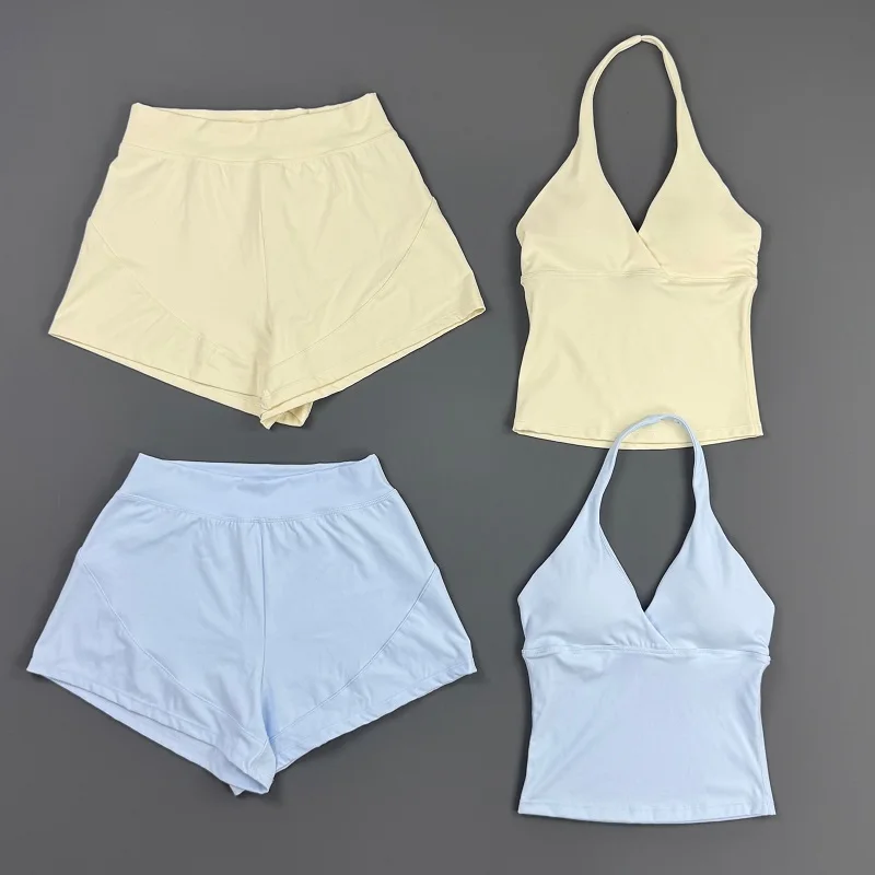 2 Pieces Gym Set Women Surplice Halter Neck Sleeveless Wrap Top Loose Sports Shorts Skin‑Friendly Yoga Workout Walking Tracksuit