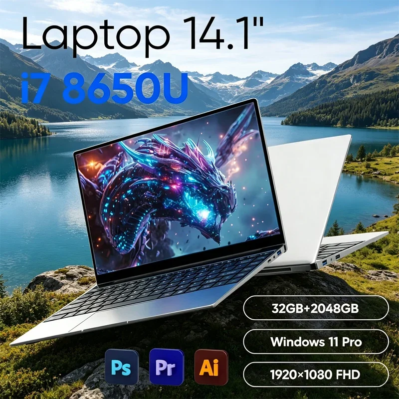 2026 New 14.1' Slim Laptop Intel I7-8650U Win11 Pro 32GB RAM 2TB M.2 SSD Office Study Laptop