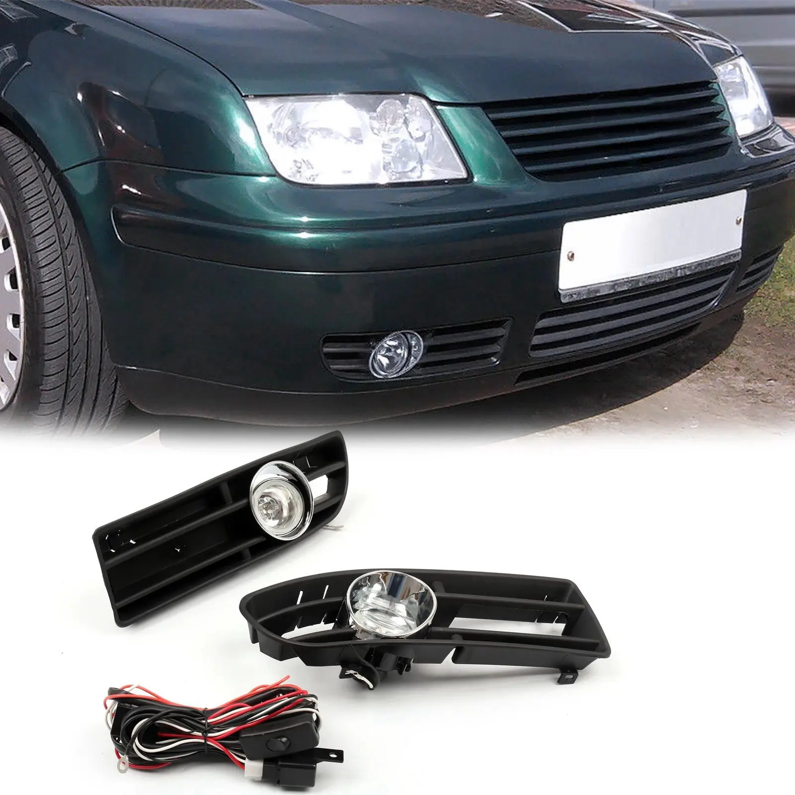 Front Fog Lights Assembly Fog Lamp Grille with Switch Harness For VW Bora Jetta MK4 1998-2004