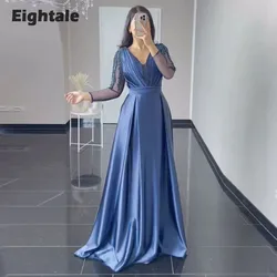 Eightale Elegant Evening Dress Satin Long Sleeves Beaded A-Line Prom Gowns Celebrity Wedding Party Dress Vestidos De Noch