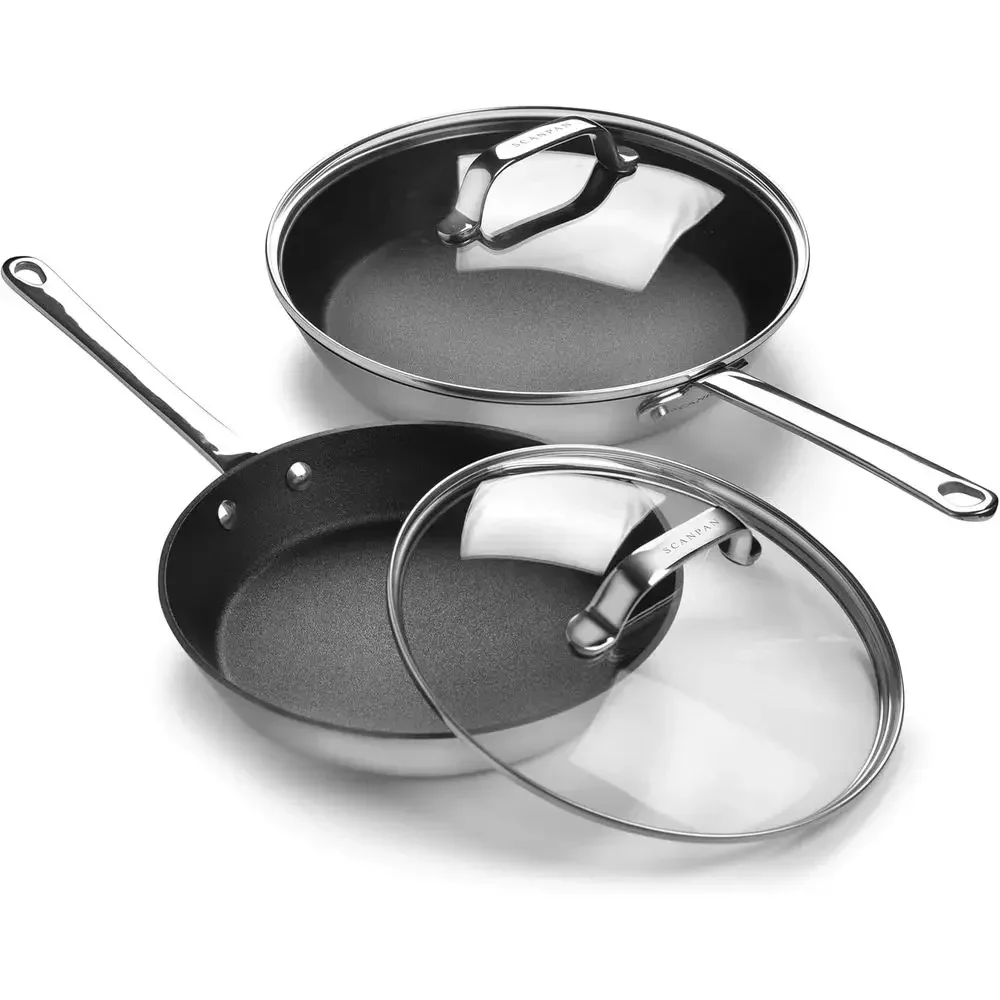 Nonstick Stainless Steel 9.5 & 11 Fry Pan Skillet Set with Lids - Danish Craftmanship
