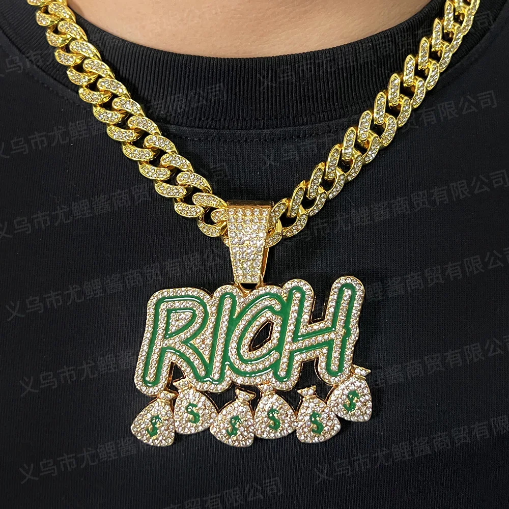 Hip Hop Men Women Become Rich Money Bag Pendant Necklace，With 13mm Miami Cuban Link Chain Necklaces Trendy Dollar Sign Neck Wear