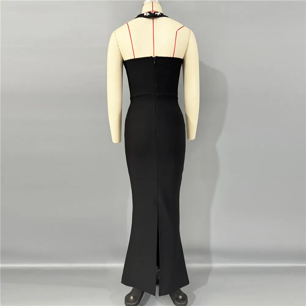 Women Sexy V-Neck Beading Bandage Dress Backless Halter Clothes Club Party Celebrity Maxi Dresses