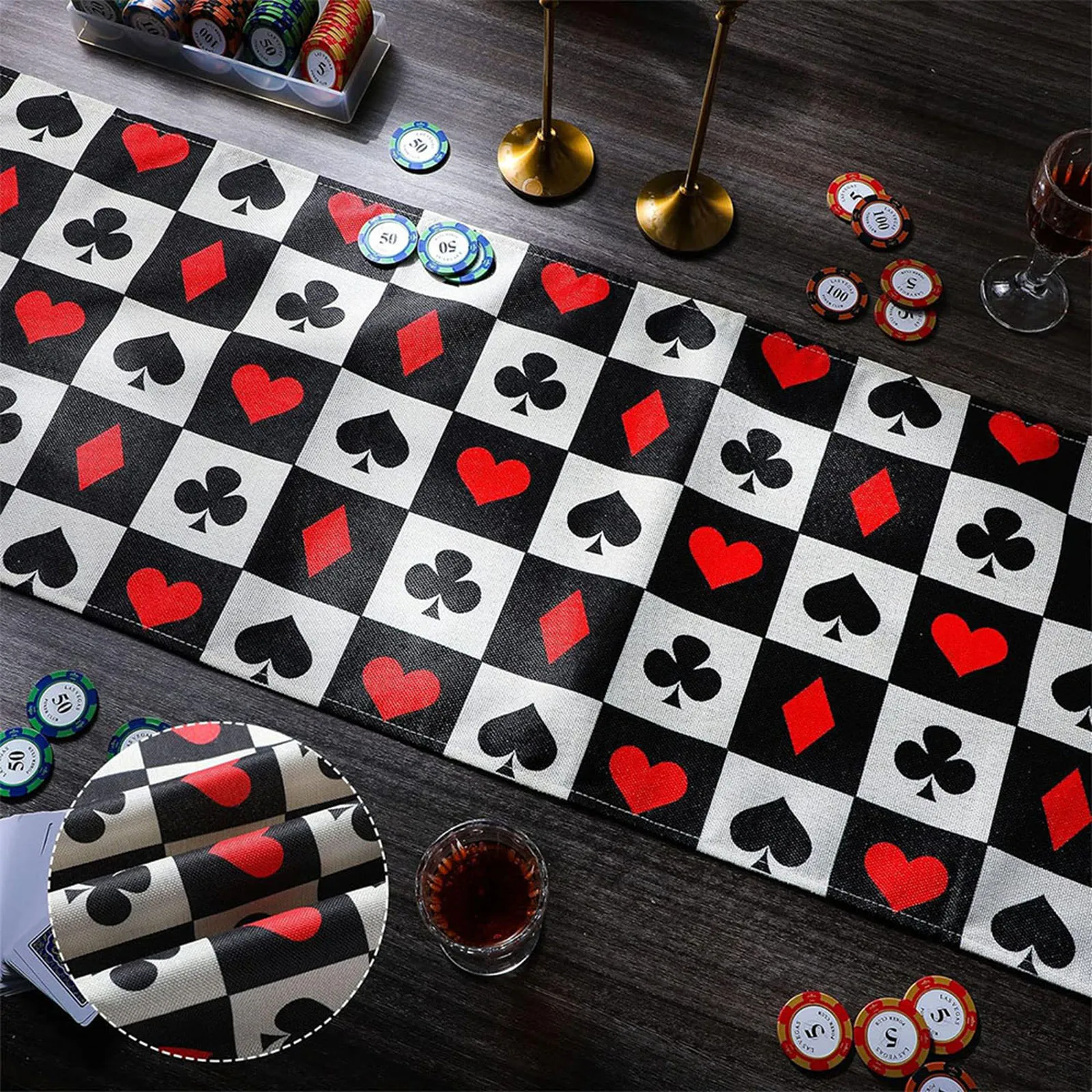 Casino Table Runner Checkered Rhombus Playing Card Table Runner Las Vegas Party Tablecloth Casino Night Birthday Party Decors