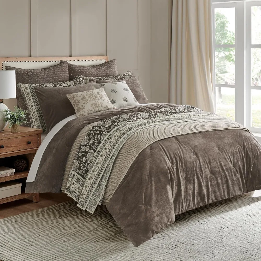 Velvet Stitch Cocoa Twin Comforter Set with Standard Sham, Plush Polyester