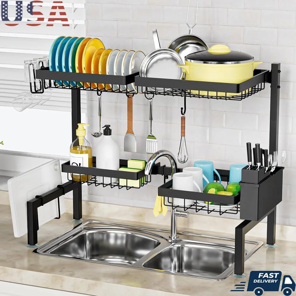 

2-Tier Over Sink Dish Drying Rack Adjustable Kitchen Organizer with Baskets Hooks Cutlery Sponge Knife Cup Storage Space Saver
