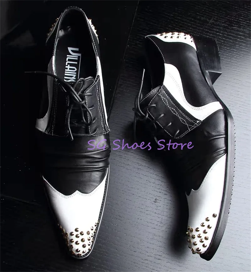 

Mixed Color Rivet Pointed Toe Lace-Up Oxfords Male Business Dress Loafers Retro Carving Leather Splicing Brogue Shoes for Men