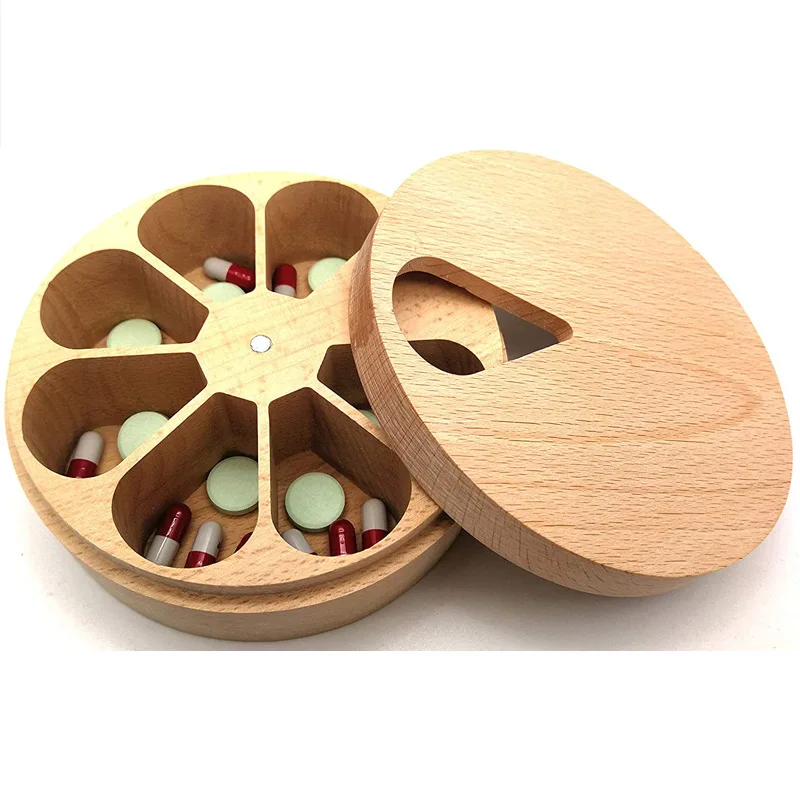

1pcs High-end 7 Grids Beech Wood Pill Box Moisture-Proof Weekly Medicine Storage Box Wooden Crafts for Daily Health Care