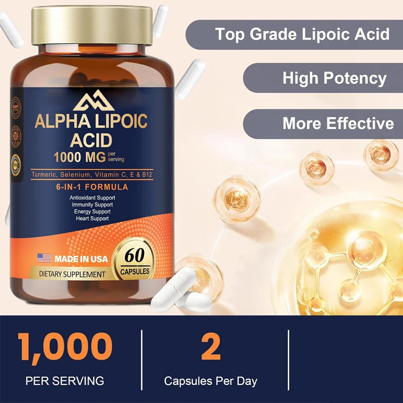 Alpha Lipoic Acid -1000mg ALA Capsules, Liver Cleansing, Metabolism and Cellular Energy, Anti Aging - Non GMO, Gluten Free