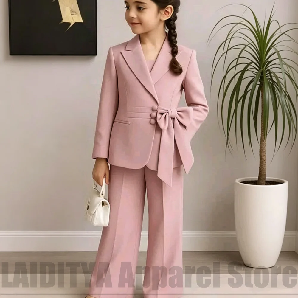Fashion Girls Suit Side Bow Tie Blazer Flared Pants 2 Piece Kids Wedding Birthday Party Pageant Children Elegant Outfit