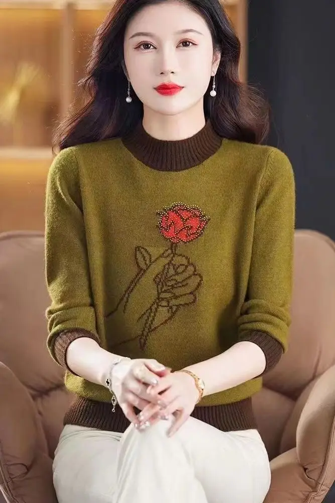 

High-End Sequin Short Sweater Women's Autumn-Winter Half-High Collar Fashion Loose Top Base Layer