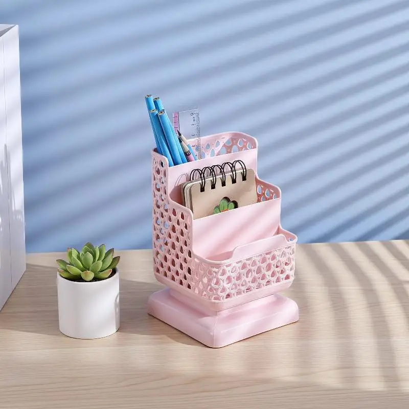 Plastic Hollow Multi Compartment Pen Holder With Phone Stand Slot For Home Office School Desktop Storage