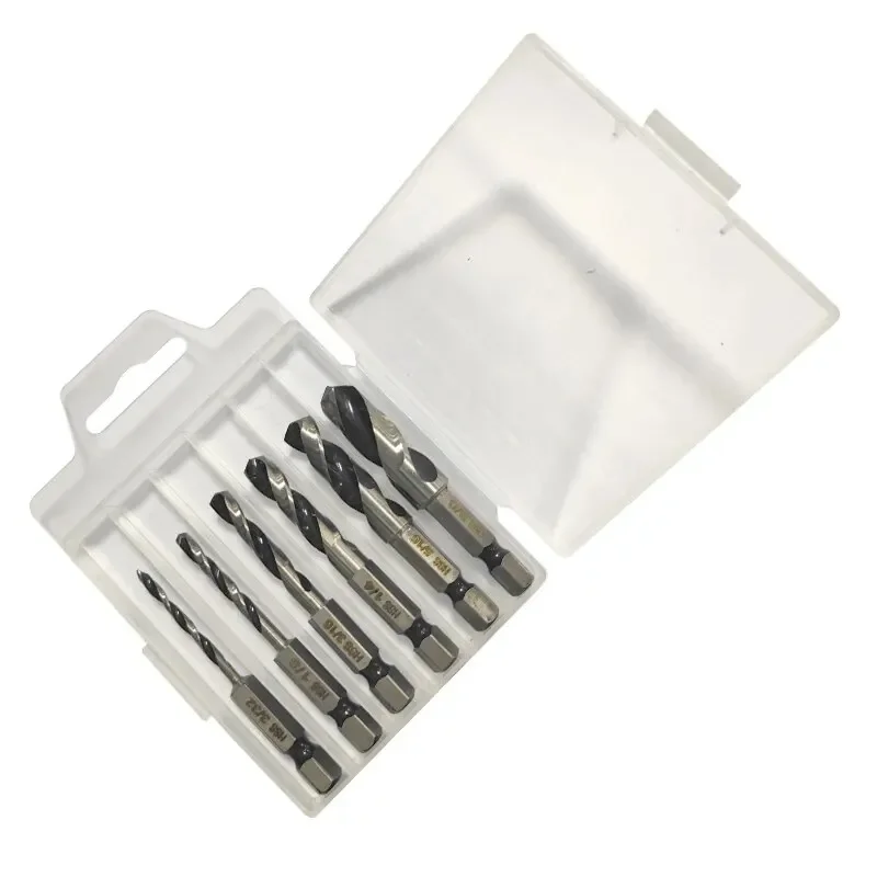British System Woodworking Drill Two Edge and Two Slot Drilling Tool 6pc High Speed Steel Hexagonal Shank Integrated Twist Drill