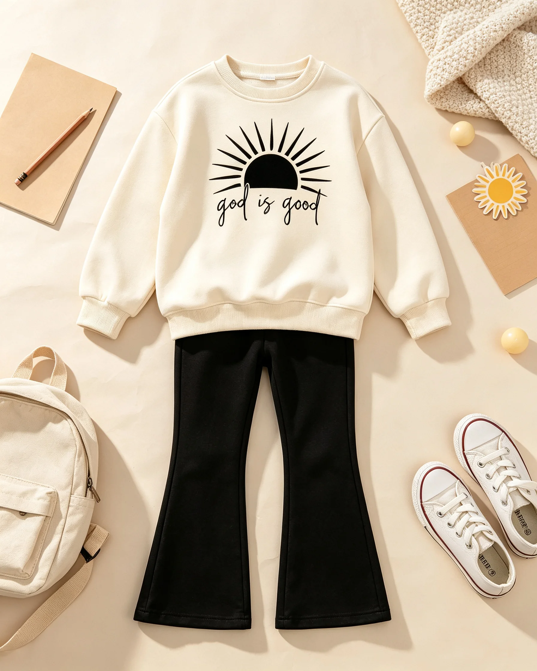 Kids' Autumn Winter round Neck Sun Print Long Sleeve Sweatshirt Elastic Waist Flared Pants Set Children's Outfit