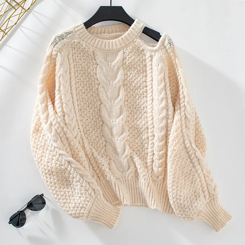 

Women's Solid Color O-Neck Twist Knitted Sweater 2024 Autumn Winter Sexy Off Shoulder Pullovers Long Sleeve Thick Warm Jumpers