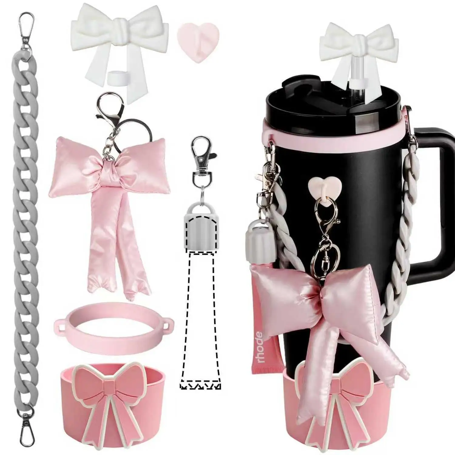 Small Flower Pendant Chain Hand Strap Keychain Bow Straw Topper And Cup Sleeve - Fashion Accessory Set
