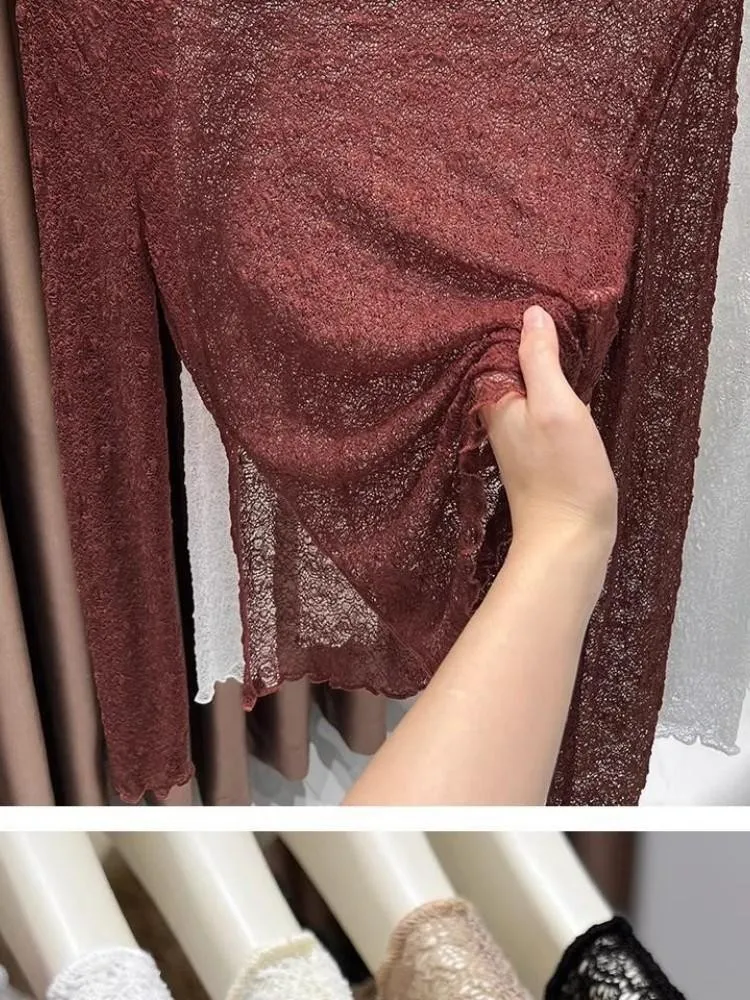 Damen-Oberteil mit Rundhalsausschnitt und Spitze, neues Herbst-/Winter-Modell, durchsichtiges Netzstoff-Langarmshirt, figurbetontes, elegantes und modisches Oberteil für den Innenbereich. – Detail 7