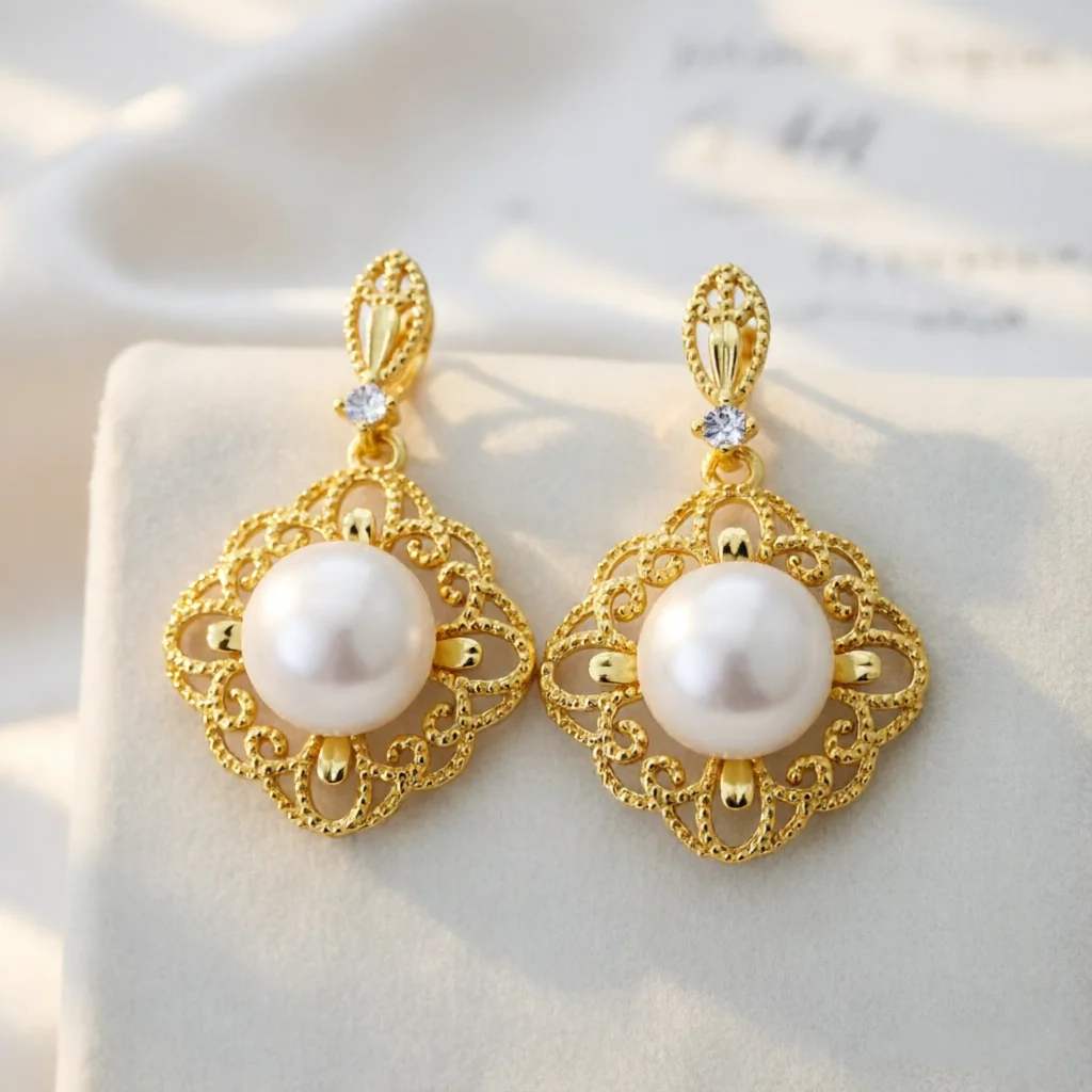 

JY ZuBo High-End 9-9.5mm 5A White Freshwater Pearl Earrings Retro Lace Hollow Luxury Bridal Wedding Banquet Jewelry for Women