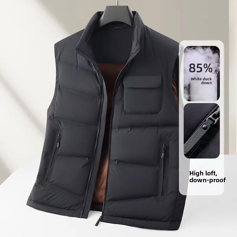 2025Autumn/Winter New Men's Stand up Down Vest National Standard White Duck Down Thickened Warm High Luxury Sleeveless Down Coat