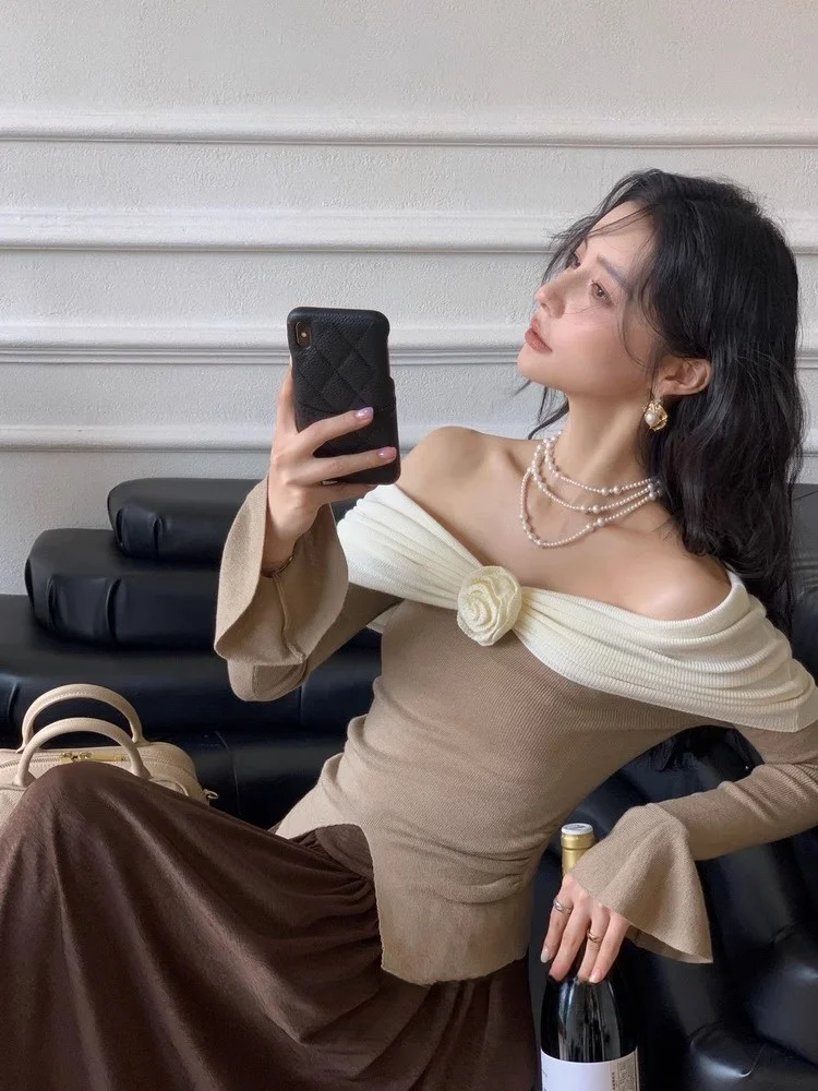 Ele Pure Desire One-oulder Flower Splice Knitted Sweater Slim Fit Korean Sle Commute Faion ort Sve Top