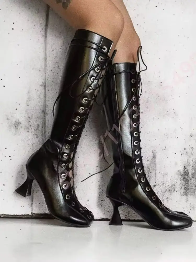 2026 Black Patent Leather Lace Up Knee High Boots Women Square Toe Hollow Out Flared Small Heel Side Zipper Gothic Tall Boots