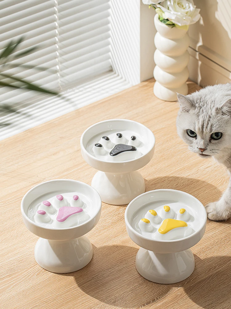 

New Cute Ceramic Elevated Cat Slow Feeder Bowl Prevent Choking Raised Cat Food Bowl Puppy Dog Snack Bowl Pet Supplies Porcelain