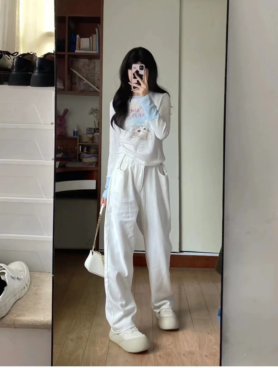 Autumn High Waist Loose Straight Wide Legs Woman Long Pants Button Fly Ankle-length Female Students Denim Trousers White Jeans