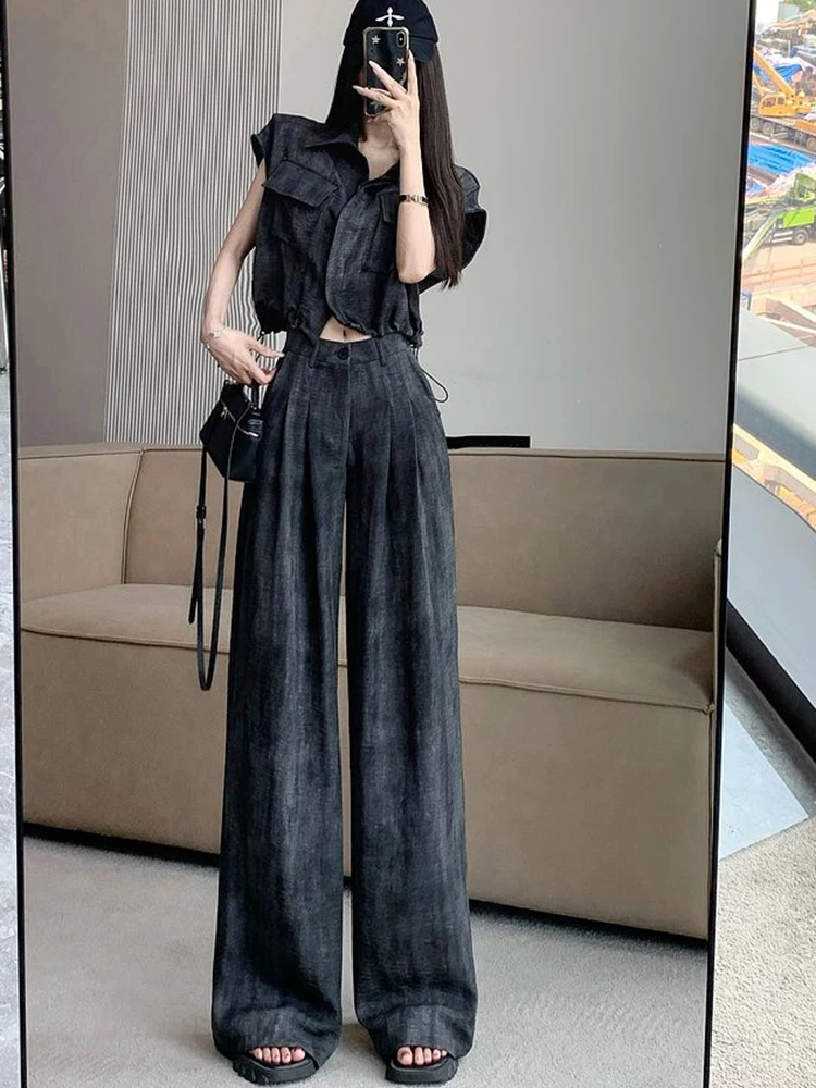 Fashion Two Piece Set Women Shirt Top + High Waist Wide Leg Pants Summer 2 Piece Pant Sets Outfits