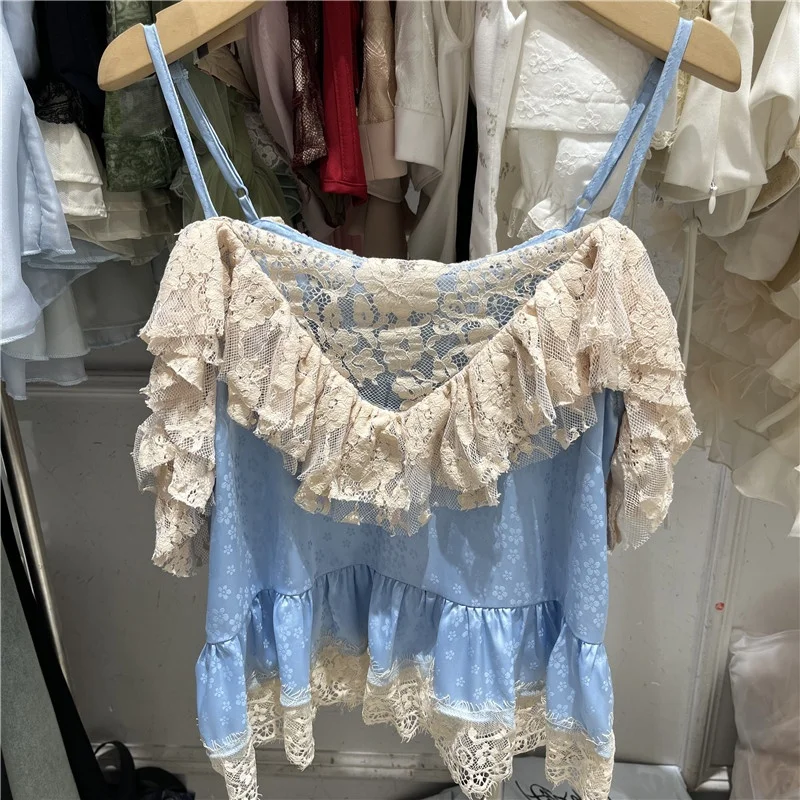 Lace Trimmed Bell Sleeve Patchwork Silk Blend Women's Loose Fit Vest Top Sexy Backless V-neck Breathable Short Length Inner Wear