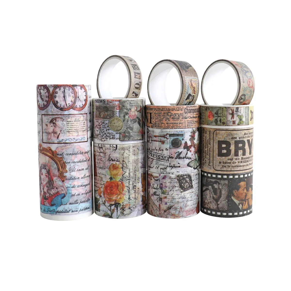 12 لفة/صندوق من شريط واشي ذو طابع عتيق، مشاهد وأنماط مختلفة، مواد تزيين سجل القصاصات المصنوعة يدويًا.