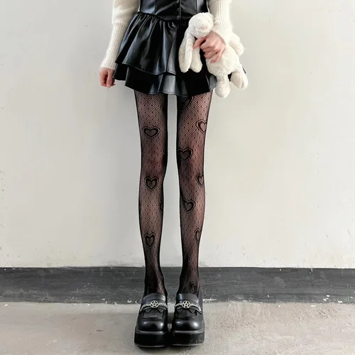Imagen 2 del producto Medias de rejilla con estampado de corazón para mujer, medias altas hasta el muslo, lencería ajustada, pantimedias de encaje sexis ajustadas