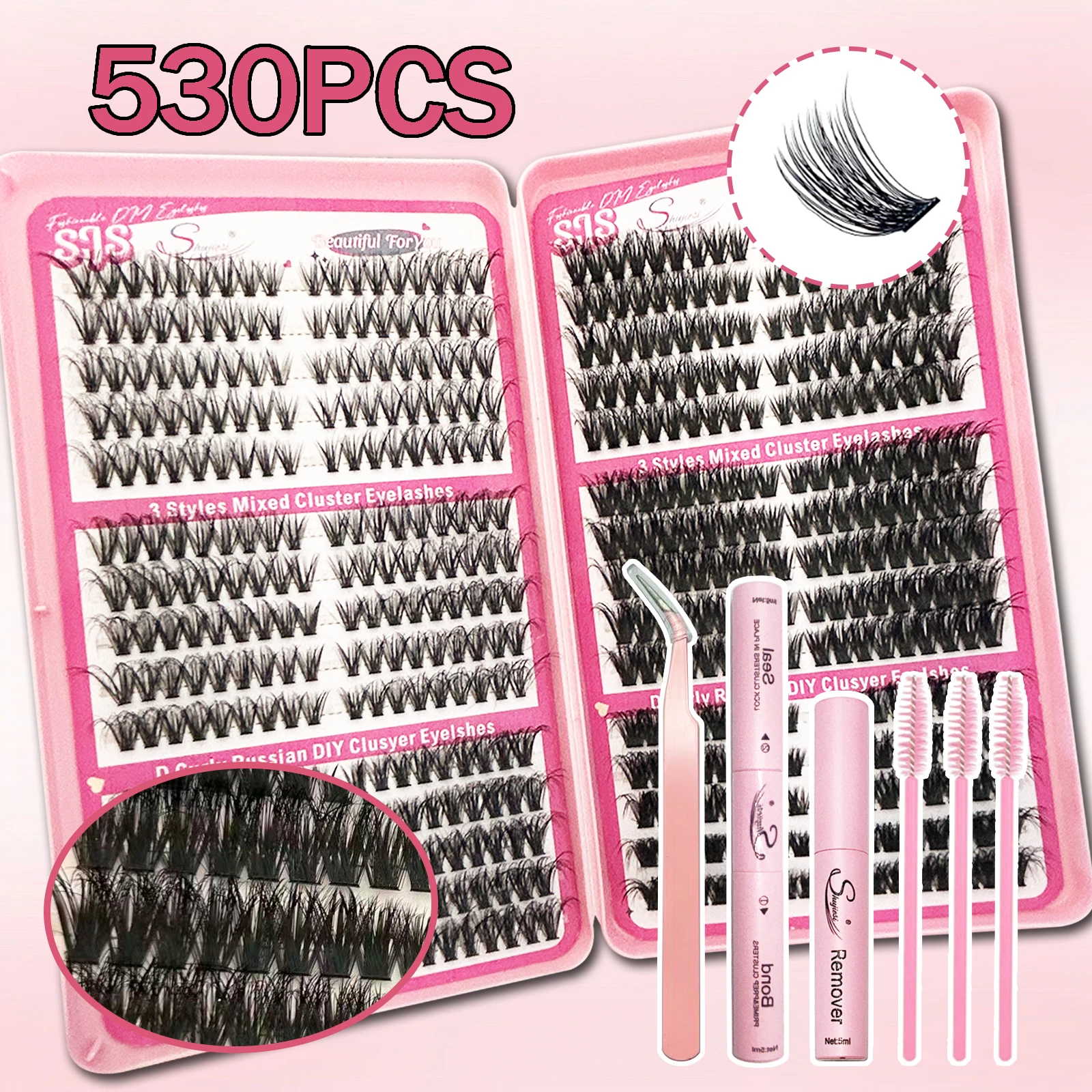 Estuche de Belleza de Gran Capacidad con 530 Piezas - Pestañas Postizas, Pegamento, Desmaquillante, Pinzas, Juego de Brochas para un Aspecto Natural y Suave en 3D