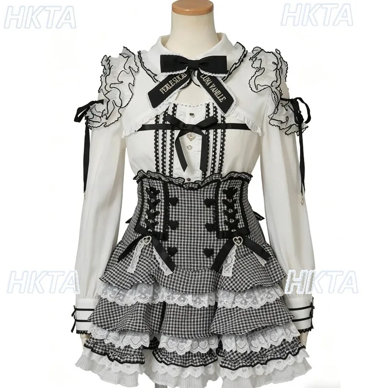 Japanese Liz Sweet Ruffles Black White Shirt Cake Skirt Autumn New Long-sleeved Top High Waist Pleated Skirt Lolita 2-piece Set