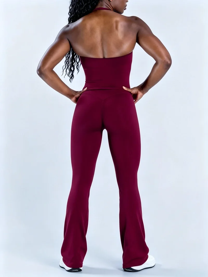 2-teiliges HISTELLO Gym Flares Leggings Set Nahtloses Sport-Neckholder-Top-Set Einfarbige Yoga-Sportbekleidung Workout Fitness Flare-Hosen-Set – Detail 8