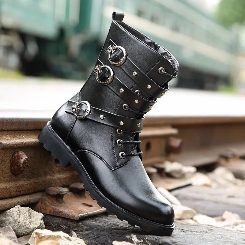 Men's Korean style fashion long leg PU boots, high leg men's boots, lace up denim horse boots motorcycle shoes botas moto 44/45