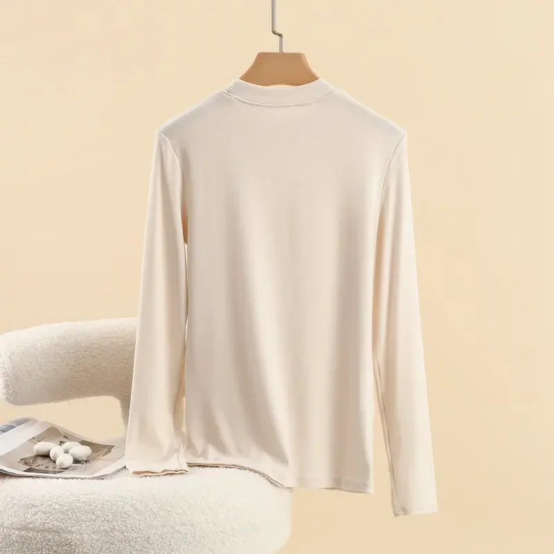 Dralon MockNeck Dieptepunt T-shirts Lange mouwen Herfst Winter Warme T-shirts Dikke fleece T-shirts passen allemaal bij elkaar