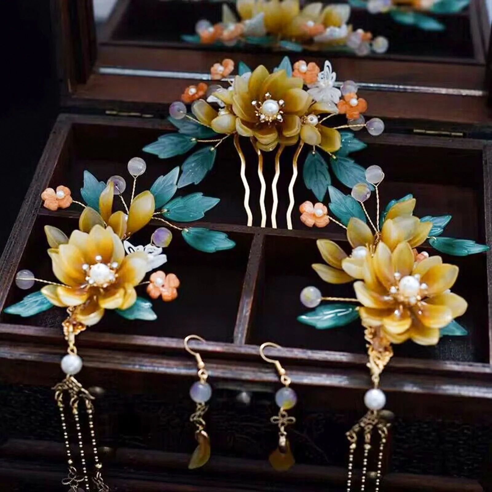 Vintage Hair Stick Earring Chinese Jewelry Sets For Women Floral Tassel Pearl Hair Clip Hairpin Fairy Tiaras Wedding Accessories