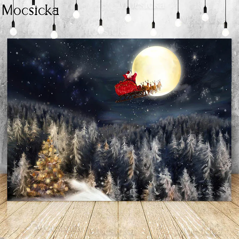 

Winter Merry Christmas Photography Backdrop Santa Claus Full Moon Reindeer Pine Xmas Kids Portrait Background Photo Studio Props