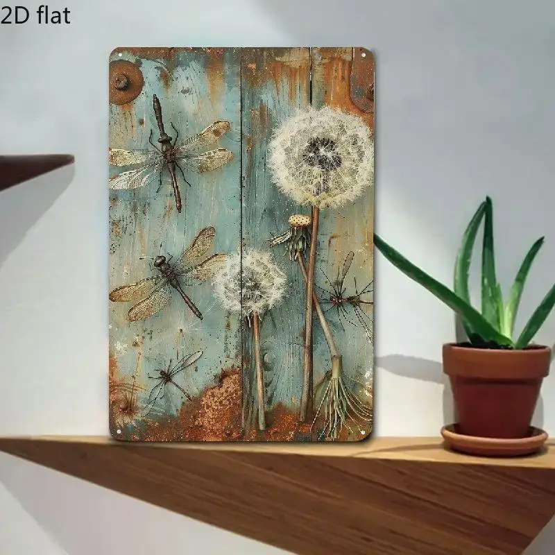 2D Flat, 2D Flat - 2D Vintage Farmhouse Metal Wall Decor - Featuring Pre-Drilled Country Dragonfly And Dandelion Art, No Electri