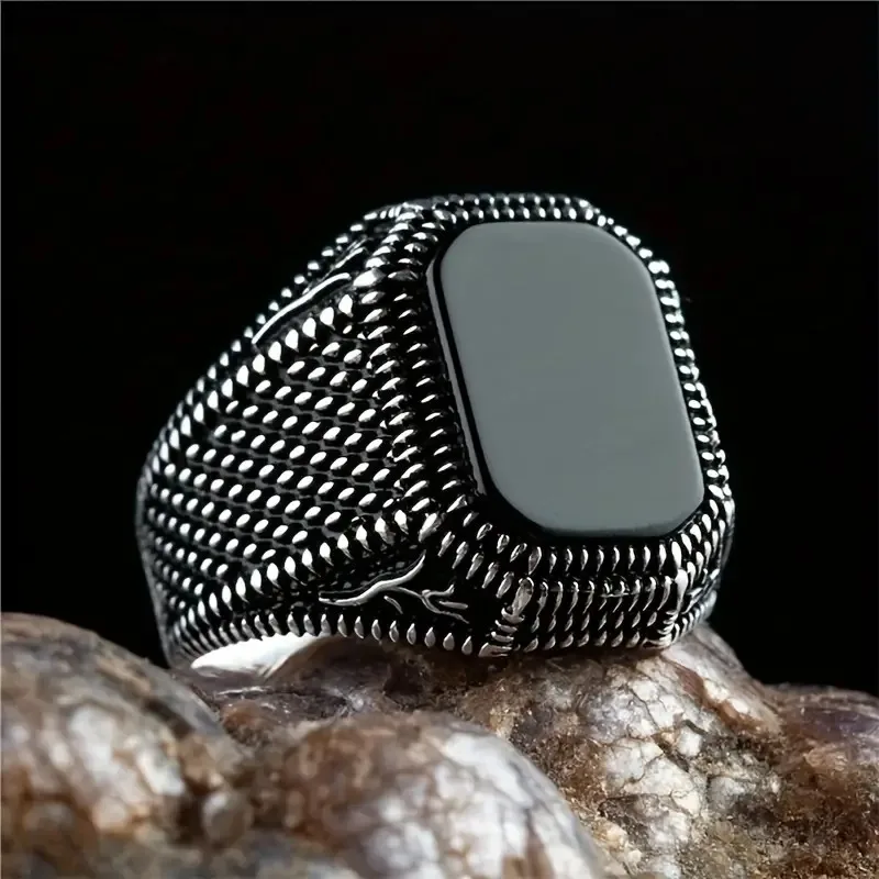 Retro Handmade Turkish Signet Ring Vintage Men Ancient Silver Color Pattern Ring Inlay Black Zircon Party Punk Motor Biker Ring